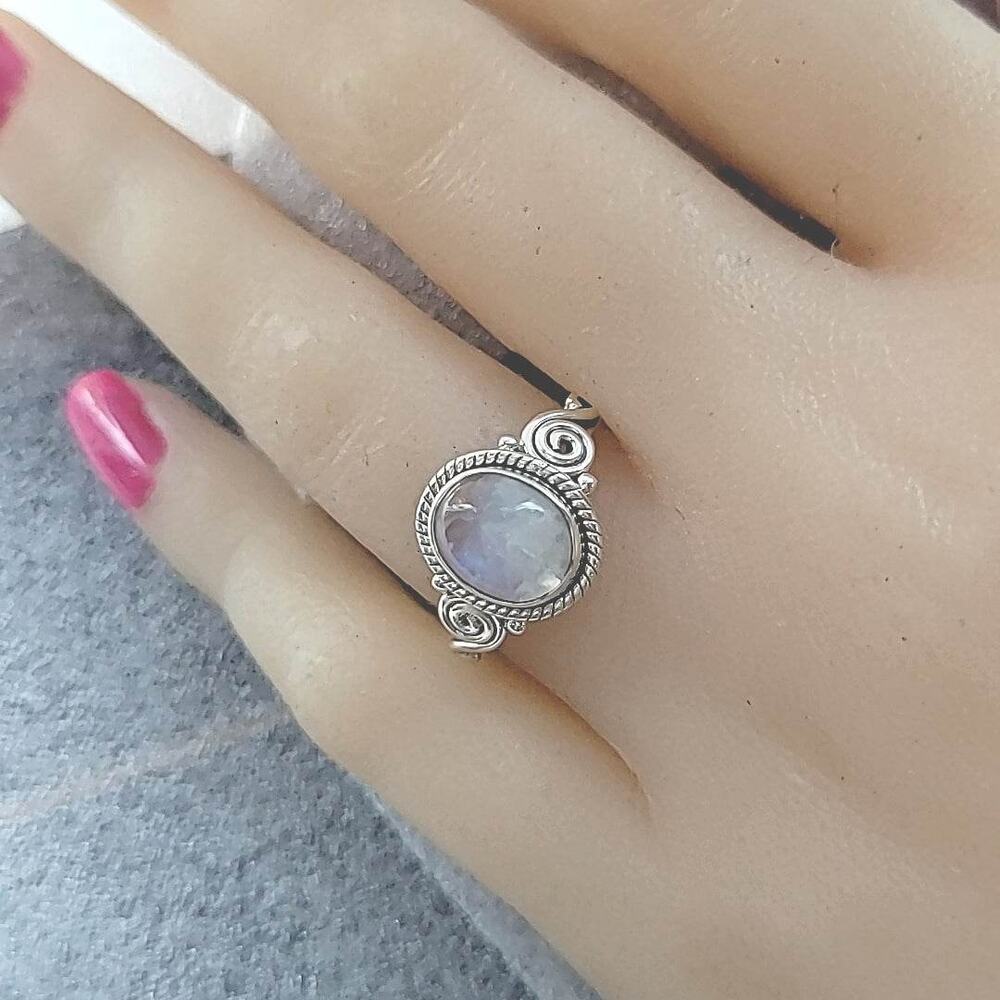 Swirl Design Oval Shaped Rainbow Moonstone Ring